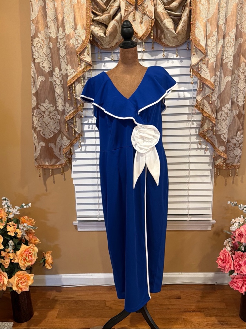 Classic Royal Blue Midi Dress with White Rosette Accent
